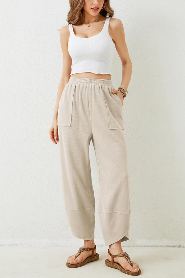 Solid Color Casual Elastic Waistband Wide-leg Pants