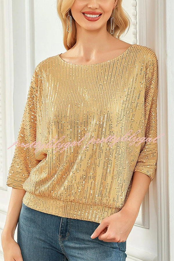 Solid Color Sequined Loose Round Neck Casual Top