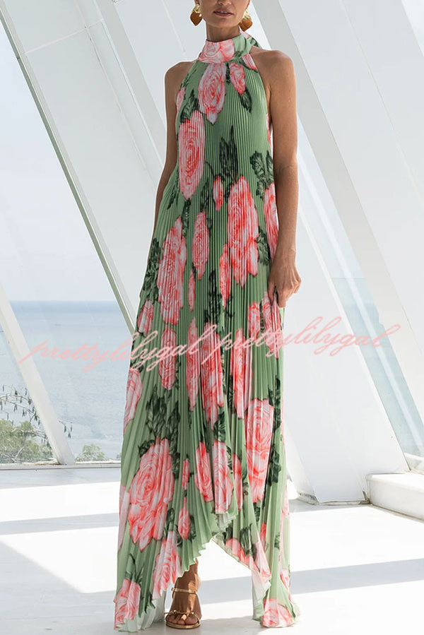 Opera Pleated Floral Halter Asymmetric Hem A-line Maxi Dress