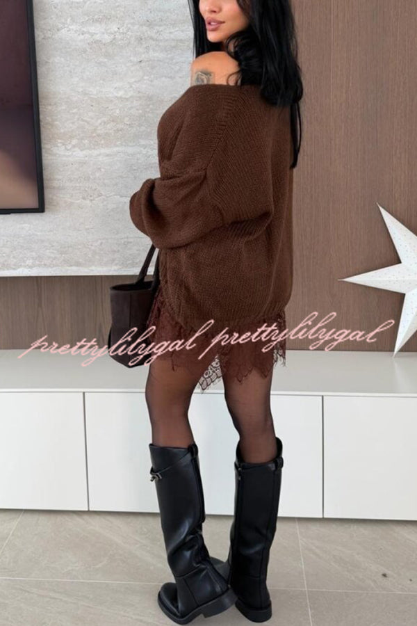 Comfy and Sweet Knit Lace Patchwork Hem Wide Neck Long Sleeve Loose Sweater