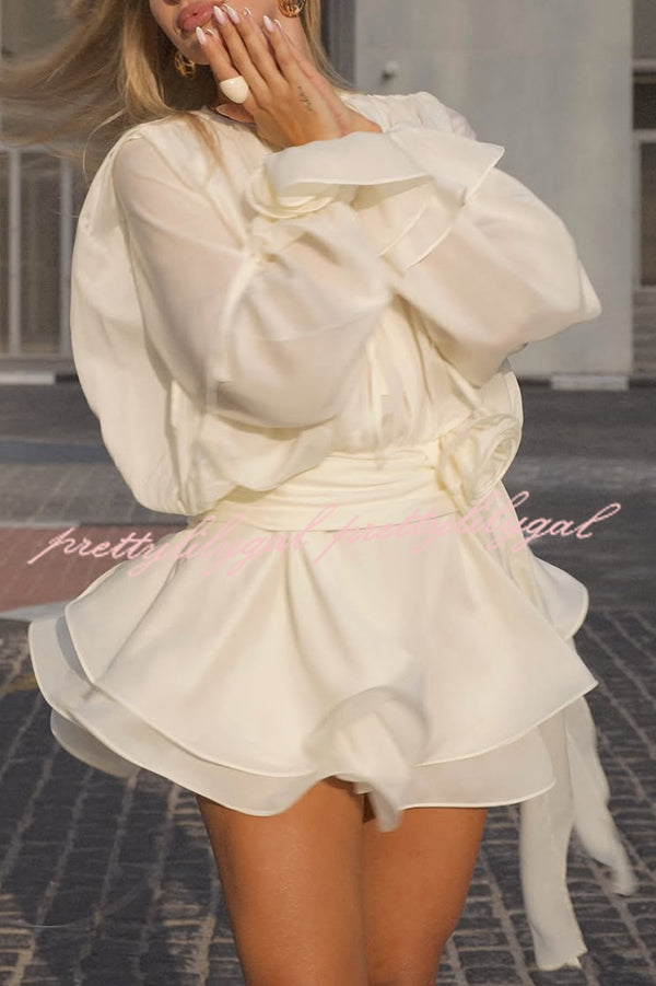 Solid Color Long Sleeve V-Neck Lace-Up Elegant Flower Decorated Mini Dress