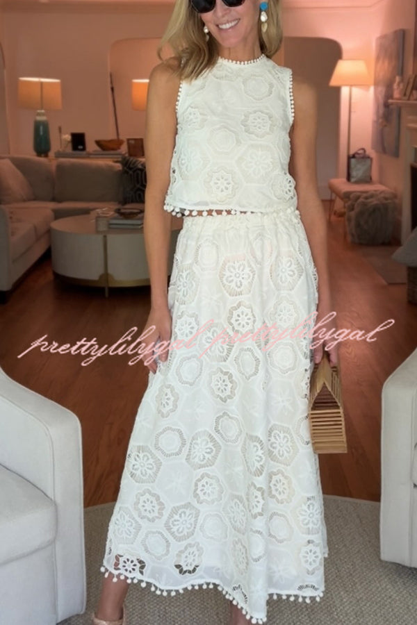 Nice Try Embroidered Crochet Lace Tassle Trim Elastic Waist Midi Skirt