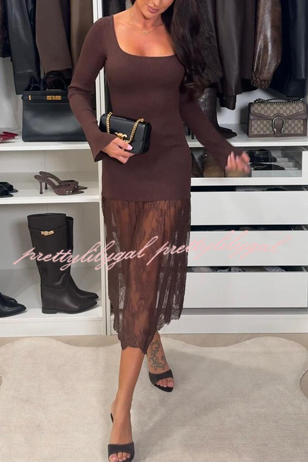 Ellie Ribbed Knit Square Neck Long Sleeve Lace Patchwork Hem Midi Dress