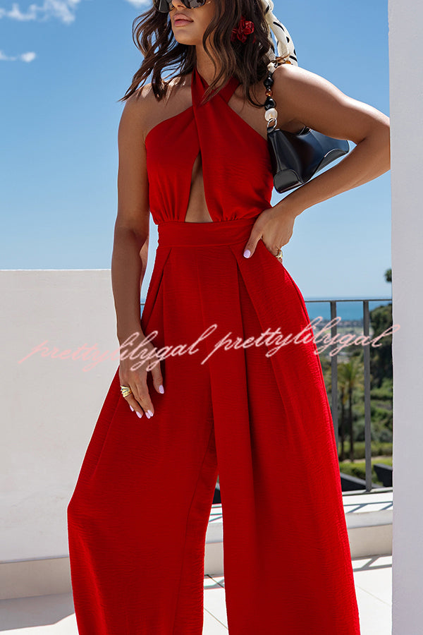 Easy Mode Cross-neck Halter Strap Backless Wide Leg Jumpsuit