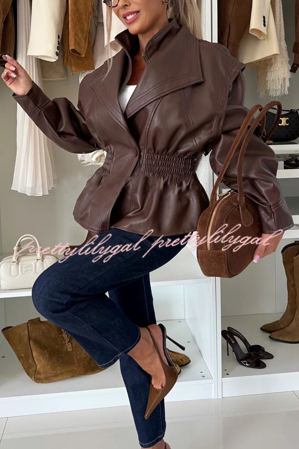 Play It Cool Faux Leather Single Button Elastic Waist Lapel Moto Jacket