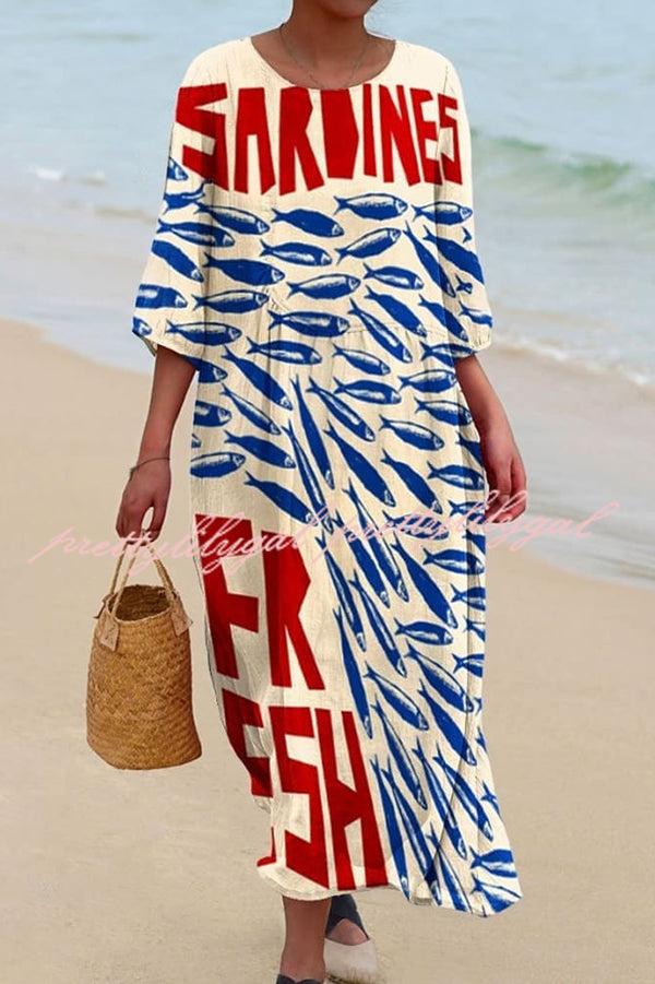 Unique Marine Print V-neck Short-sleeved Midi Dress