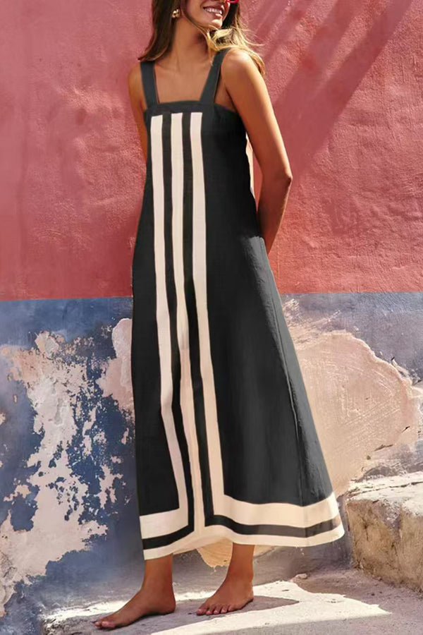 Striped Print Resort Style Casual Sling Maxi Dress