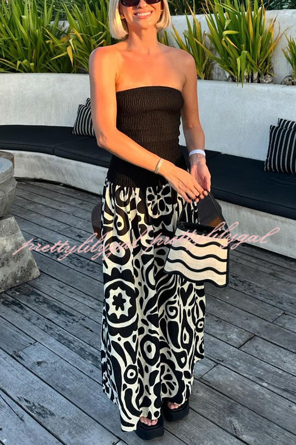 Gina Contrast Color Unique Print Strapless Stretch Maxi Dress