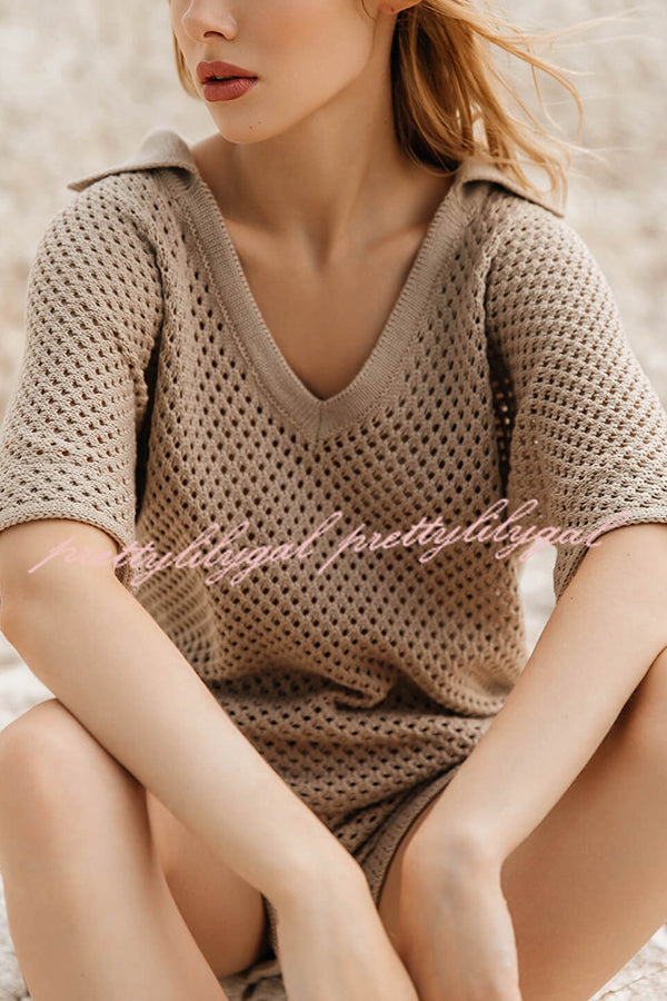 Fashion Hollow V-neck Short-sleeved Top and Elastic Waist Casual Shorts Set