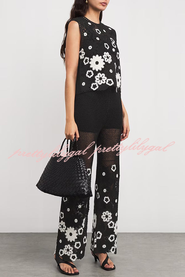 Fashionable Embroidered Hollow Crochet Sleeveless Round Neck Knitted Vest