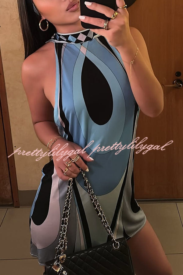 Beach Muse Unique Print Halter Backless Loose Mini Dress