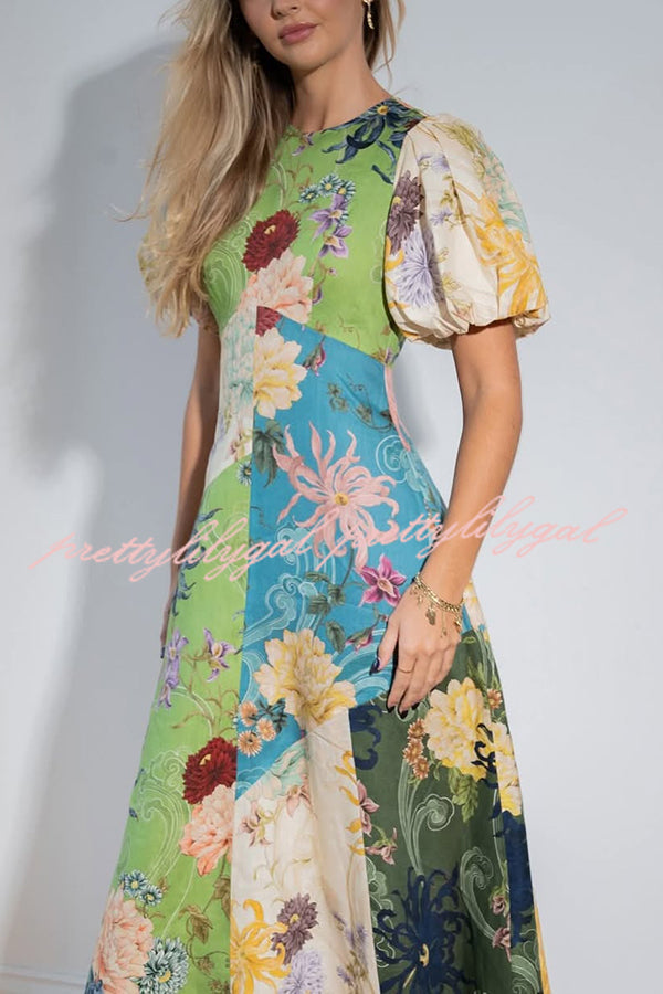 Floral Print Round Neck Puff Sleeve Casual Midi Dress