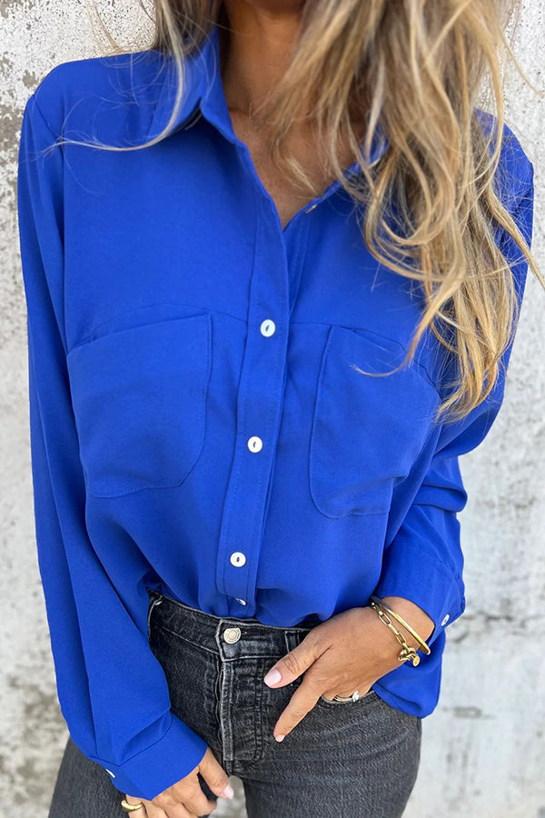 Solid Color Lapel Button Pocket Casual Long Sleeve Shirt