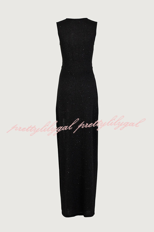 Beautiful Figure Shiny Knit Fabric Cutout Side Slit Stretch Vacation Maxi Dress