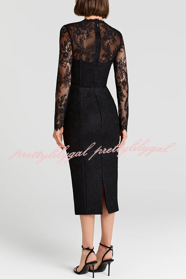 Mylene Lace Corset Cut Sweetheart Tie-up Neck Sheer Long Sleeve Slit Midi Dress