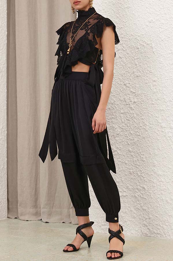 Salenia Lace Appliqué High Neck Side Tie-up Ruffle Cropped Top
