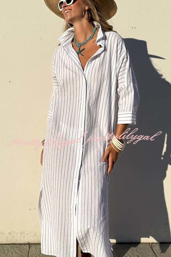All-match Striped Button Up Half Sleeve Belted Pocket Shirt Midi Dress