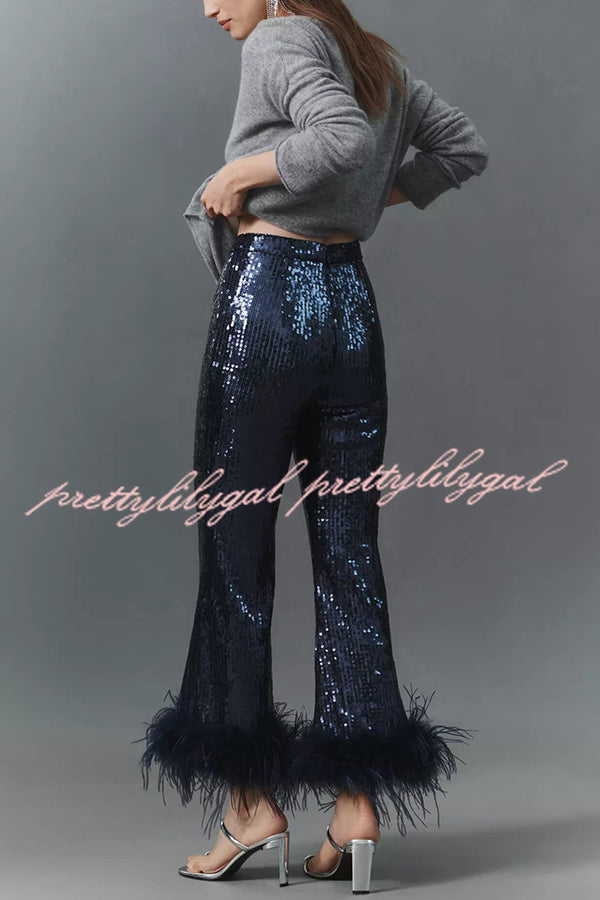 New Year Eve Sequin Feather Trim High Rise Back Zipper Flare Pants
