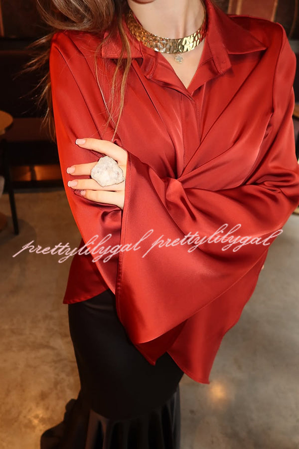 Jenny Satin Button Front Center Cross Straps Long Bell Sleeve Shirt