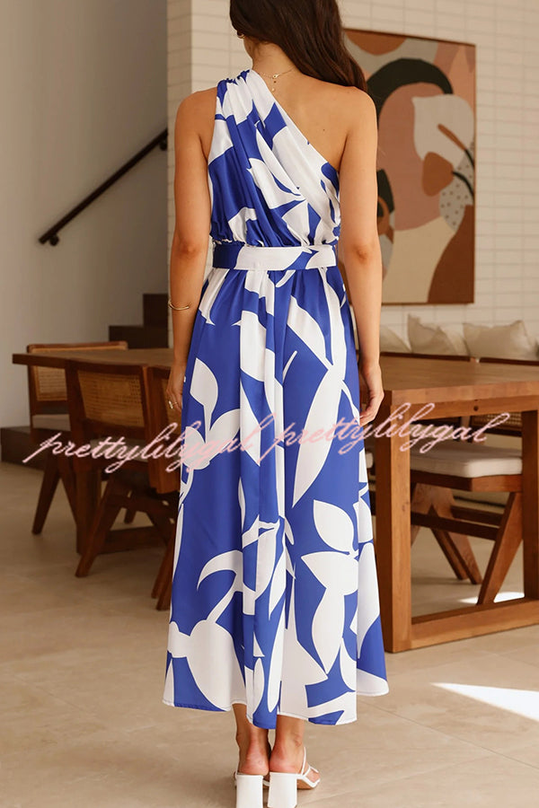Unique Print Sleeveless One Shoulder Belted Maxi Dress