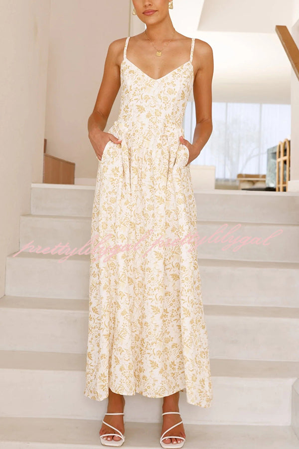 Floral Print V-Neck Sleeveless Back Tie Pocket Maxi Dress