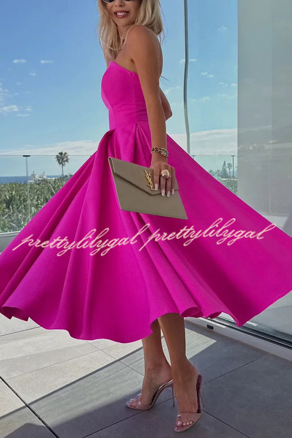 Sweet Cascade Solid Color Off Shoulder Pocket Full Hem Midi Dress