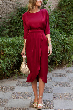 Satin Solid Color Round Neck Half Sleeve Waist Midi Dress