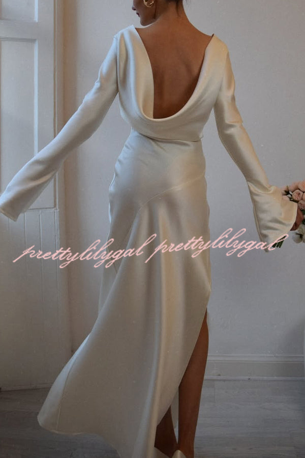 Satin Elegant Long-sleeved Open-back Slim-fit Slit Maxi Dress