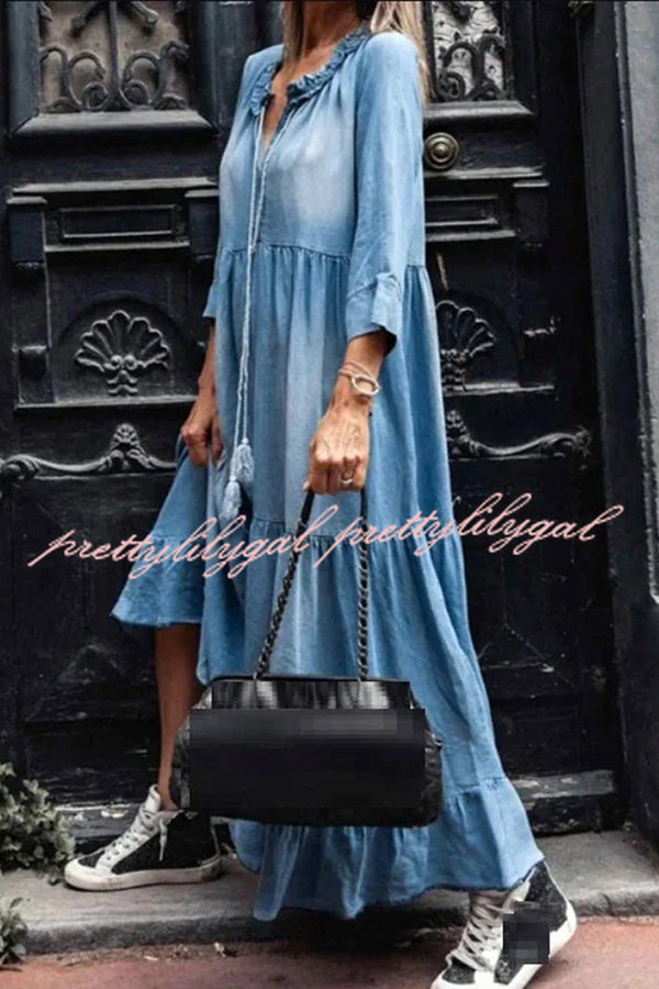 V Neck Long Sleeve Hem Denim Maxi Dress