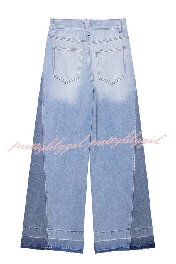 Ellison Denim Side Colorblock High Rise Pocket Wide Leg Jeans