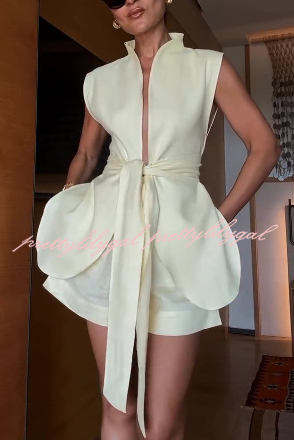 Liliannie Linen Blend Stand Neck Sleeveless Tie-up Top and Loose Pocket Shorts Set