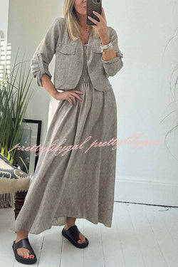 Solid Color Casual Short Jacket and Suspender Pleated Maxi Dress Set