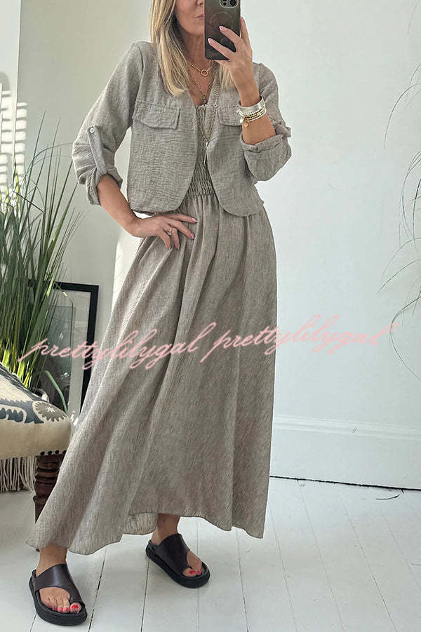 Solid Color Casual Short Jacket and Suspender Pleated Maxi Dress Set