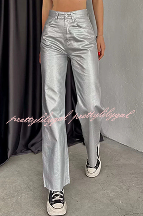 Stylish Metallic Fabric Pocket Casual Straight Wide-Leg Pants