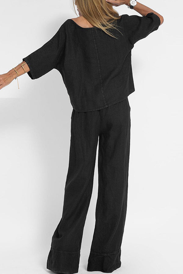 Linen Blend Solid Color Casual Round Neck Top and Loose Wide-leg Pants Set