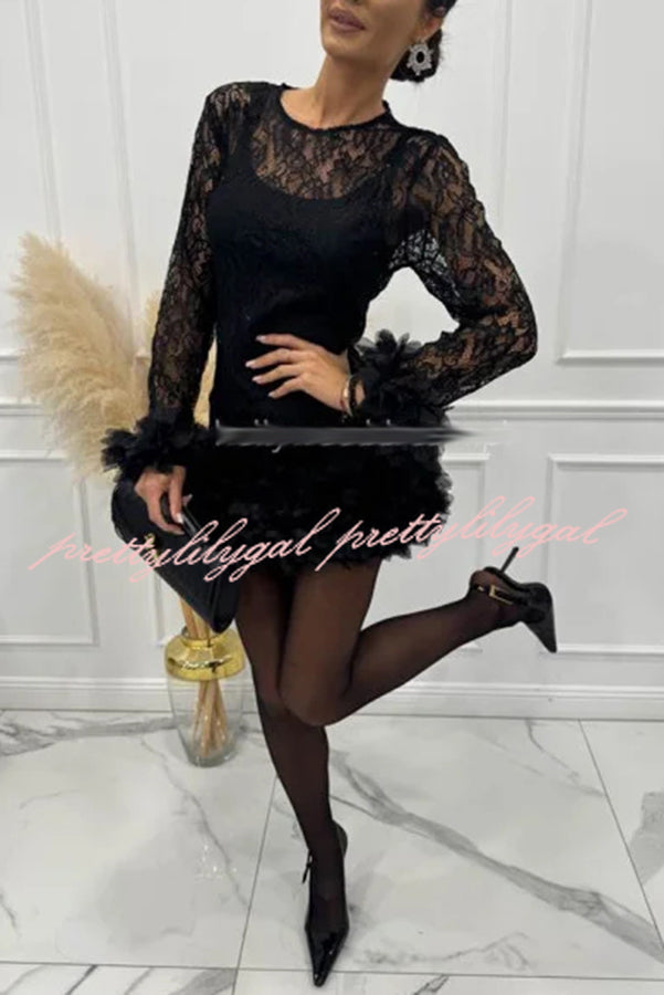 Alyssa Lace Fabric Tulle Layered Petals Trim Long Sleeve Mini Dress