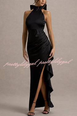 Maureen Satin High Neck Ruched Ruffle Slit Draped Maxi Dress