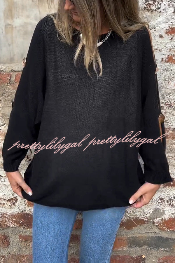 Solid Color Round Neck Hollow Long Sleeve Loose Knitted Sweater