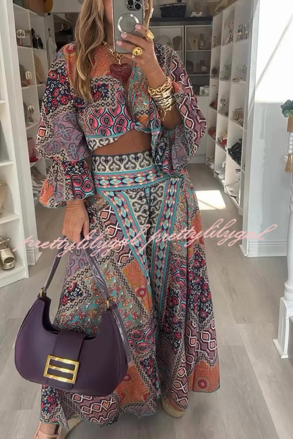 Unique Boho Ethnic Print Balloon Sleeve Crop Top and Elastic Waist Wide-leg Pants Set