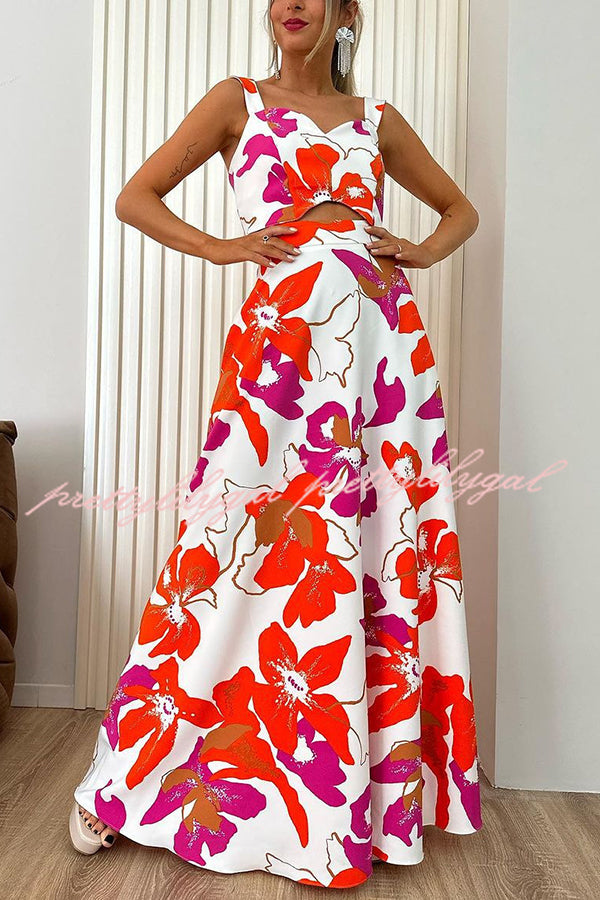 Stylish Floral Print Sling Top and Large Hem Pockets Maxi Skirt Set