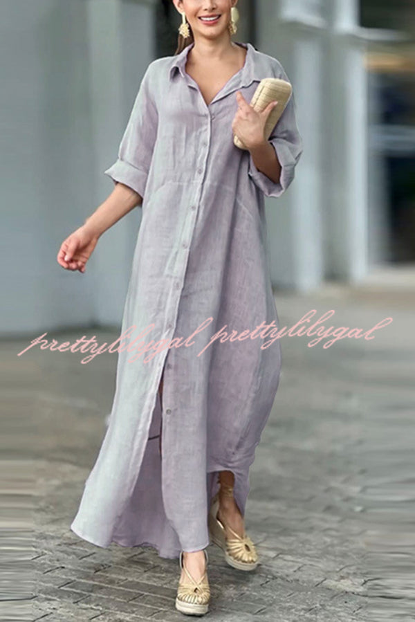 Linen Blend Solid Long Sleeve Buttoned Loose Shirt Style Maxi Dress