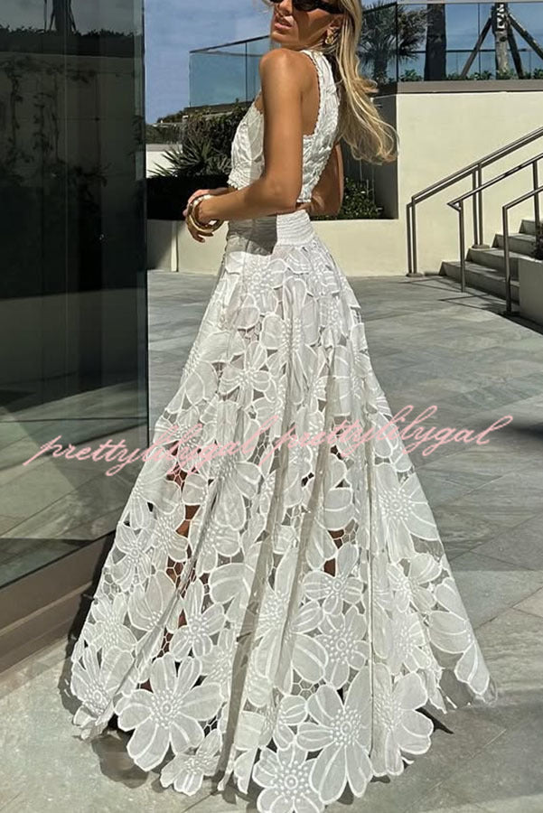 Next Trip Floral Embroidery Crochet Lace Crop Tank Top and Elastic Waist Pocket Maxi Skirt Set