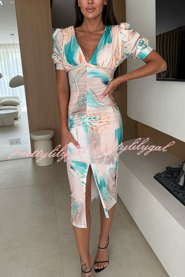 Unique Print V-Neck Puff Sleeve Slit Slim Midi Dress