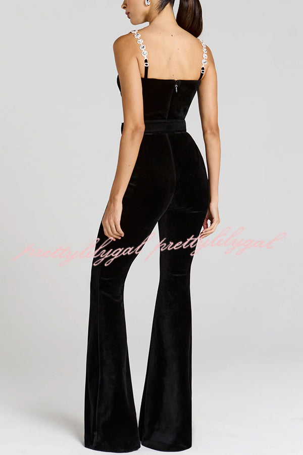 Eliza Luxurious Velvet Fabric Jewel-embellished Shoulder Straps Belted Flare Jumpsuit