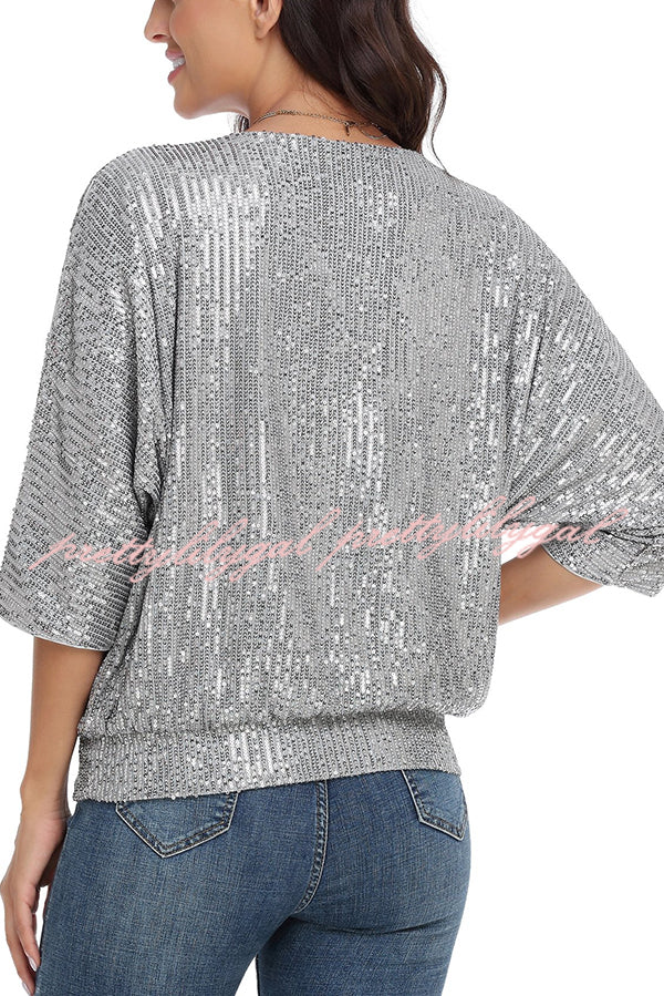 Solid Color Sequined Loose Round Neck Casual Top