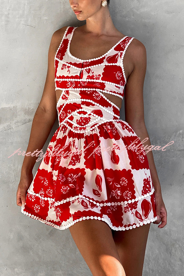 Holiday Colors Ric Rac Trims Unique Print Cutout Round Neck Mini Dress