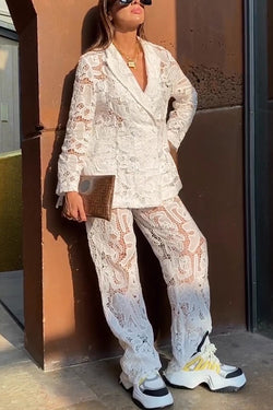 Fashionable Lace Long-sleeved Lapel Loose Top and Casual Hollow Pants Set