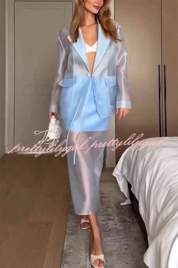 Simple and Light See-through Fabric Tie-up Long Sleeve Pocket Lapel Blazer