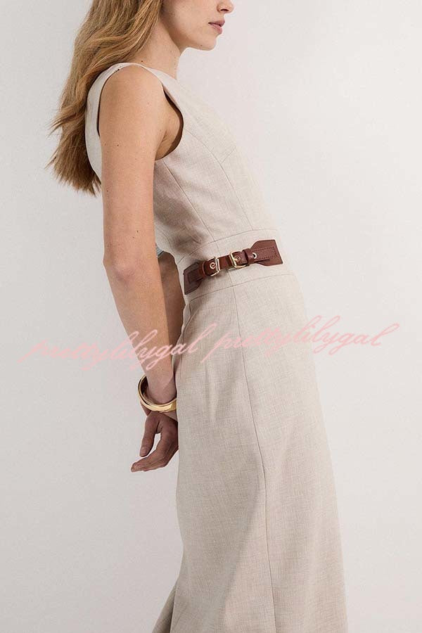 Workwear Day Contrast Color Belt Buckle Detail Slit Pencil Midi Dress