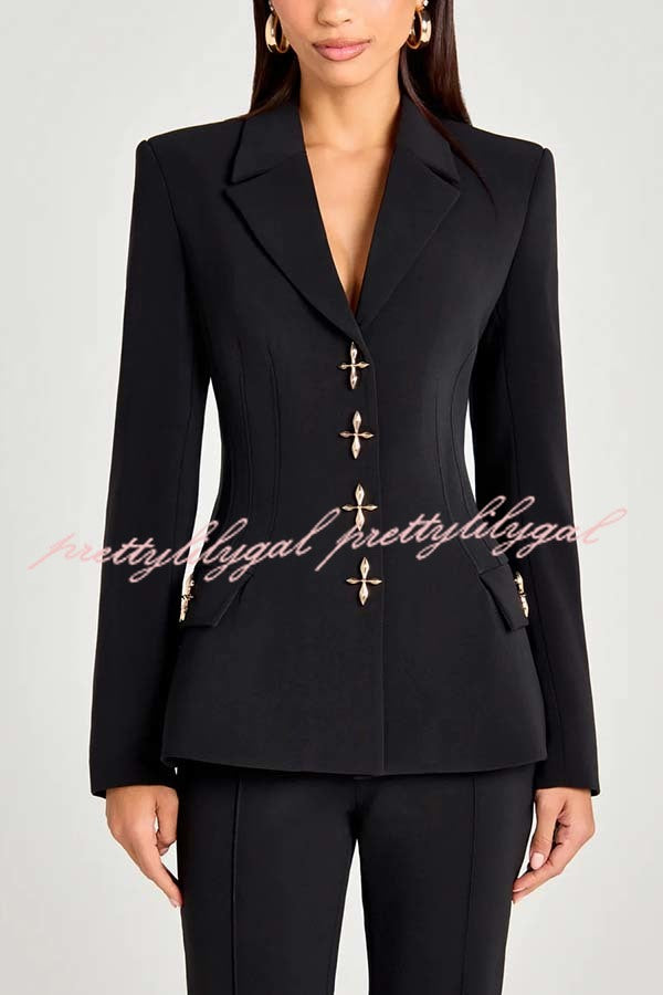 Women Power Metal Cross Snap Button Long Sleeve Lapel Blazer